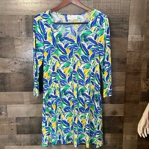 Pappagallo Blue, Green & Yellow Leaf-Print Dress